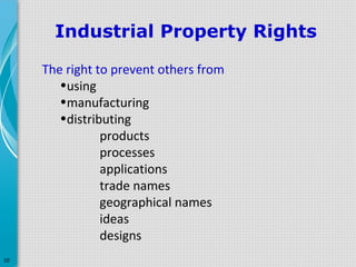 Industrial Property Rights
The right to prevent others from
•using
•manufacturing
•distributing
products
processes
applications
trade names
geographical names
ideas
designs
10

 