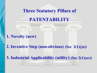 Three Statutory Pillars of
PATENTABILITY
1. Novelty (new)
2. Inventive Step (non-obvious) (Sec 2(1)(ja))
3. Industrial Applicability (utility) (Sec 2(1)(ac))
44

 