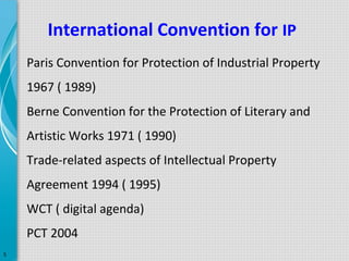 International Convention for IP
Paris Convention for Protection of Industrial Property
1967 ( 1989)
Berne Convention for the Protection of Literary and
Artistic Works 1971 ( 1990)
Trade-related aspects of Intellectual Property
Agreement 1994 ( 1995)
WCT ( digital agenda)
PCT 2004
5

 