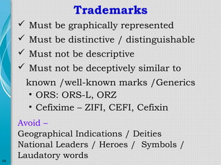 Trademarks
 Must be graphically represented
 Must be distinctive / distinguishable
 Must not be descriptive
 Must not be deceptively similar to
known /well-known marks /Generics
• ORS: ORS-L, ORZ
• Cefixime – ZIFI, CEFI, Cefixin

54

Avoid –
Geographical Indications / Deities
National Leaders / Heroes / Symbols /
Laudatory words

 