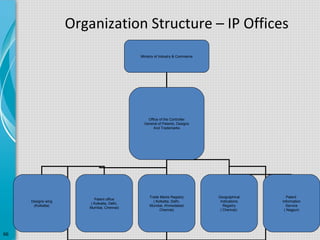 Organization Structure – IP Offices
Ministry of Industry & Commerce

Office of the Controller
General of Patents, Designs
And Trademarks

Designs wing
(Kolkatta)

66

Patent office
( Kolkatta, Delhi,
Mumbai, Chennai)

Trade Marks Registry
( Kolkatta, Delhi,
Mumbai, Ahmedabad
Chennai)

Geographical
Indications
Registry
( Chennai)

Patent
Information
Service
( Nagpur)

 