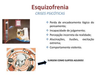 Esquizofrenia
CRISES PSICÓTICAS
 Perda de encadeamento lógico do
pensamento;
 Incapacidade de julgamento;
 Percepção incorreta da realidade;
 Alucinações, ilusões, excitação
extrema;
 Comportamento violento.

SURGEM COMO SURTOS AGUDOS!

 