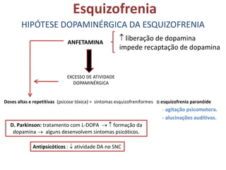 Esquizofrenia
HIPÓTESE DOPAMINÉRGICA DA ESQUIZOFRENIA
ANFETAMINA

 liberação de dopamina
impede recaptação de dopamina

EXCESSO DE ATIVIDADE
DOPAMINÉRGICA
Doses altas e repetitivas (psicose tóxica) = sintomas esquizofreniformes  esquizofrenia paranóide

- agitação psicomotora.
- alucinações auditivas.
D. Parkinson: tratamento com L-DOPA   formação da
dopamina  alguns desenvolvem sintomas psicóticos.

Antipsicóticos :  atividade DA no SNC

 