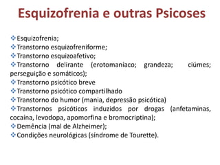 Esquizofrenia e outras Psicoses
Esquizofrenia;
Transtorno esquizofreniforme;
Transtorno esquizoafetivo;
Transtorno delirante (erotomaníaco; grandeza;
ciúmes;
perseguição e somáticos);
Transtorno psicótico breve
Transtorno psicótico compartilhado
Transtorno do humor (mania, depressão psicótica)
Transtornos psicóticos induzidos por drogas (anfetaminas,
cocaína, levodopa, apomorfina e bromocriptina);
Demência (mal de Alzheimer);
Condições neurológicas (síndrome de Tourette).

 