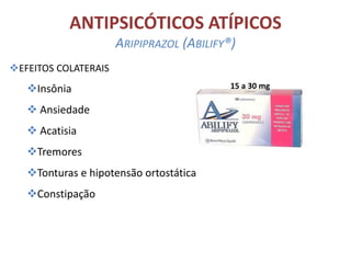 ANTIPSICÓTICOS ATÍPICOS
ARIPIPRAZOL (ABILIFY®)
EFEITOS COLATERAIS

Insônia

 Ansiedade
 Acatisia
Tremores

Tonturas e hipotensão ortostática
Constipação

15 a 30 mg

 