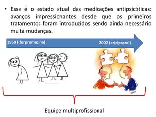 • Esse é o estado atual das medicações antipsicóticas:
avanços impressionantes desde que os primeiros
tratamentos foram introduzidos sendo ainda necessário
muita mudanças.
1950 (clorpromazina)

2002 (aripiprazol)

Equipe multiprofissional

 