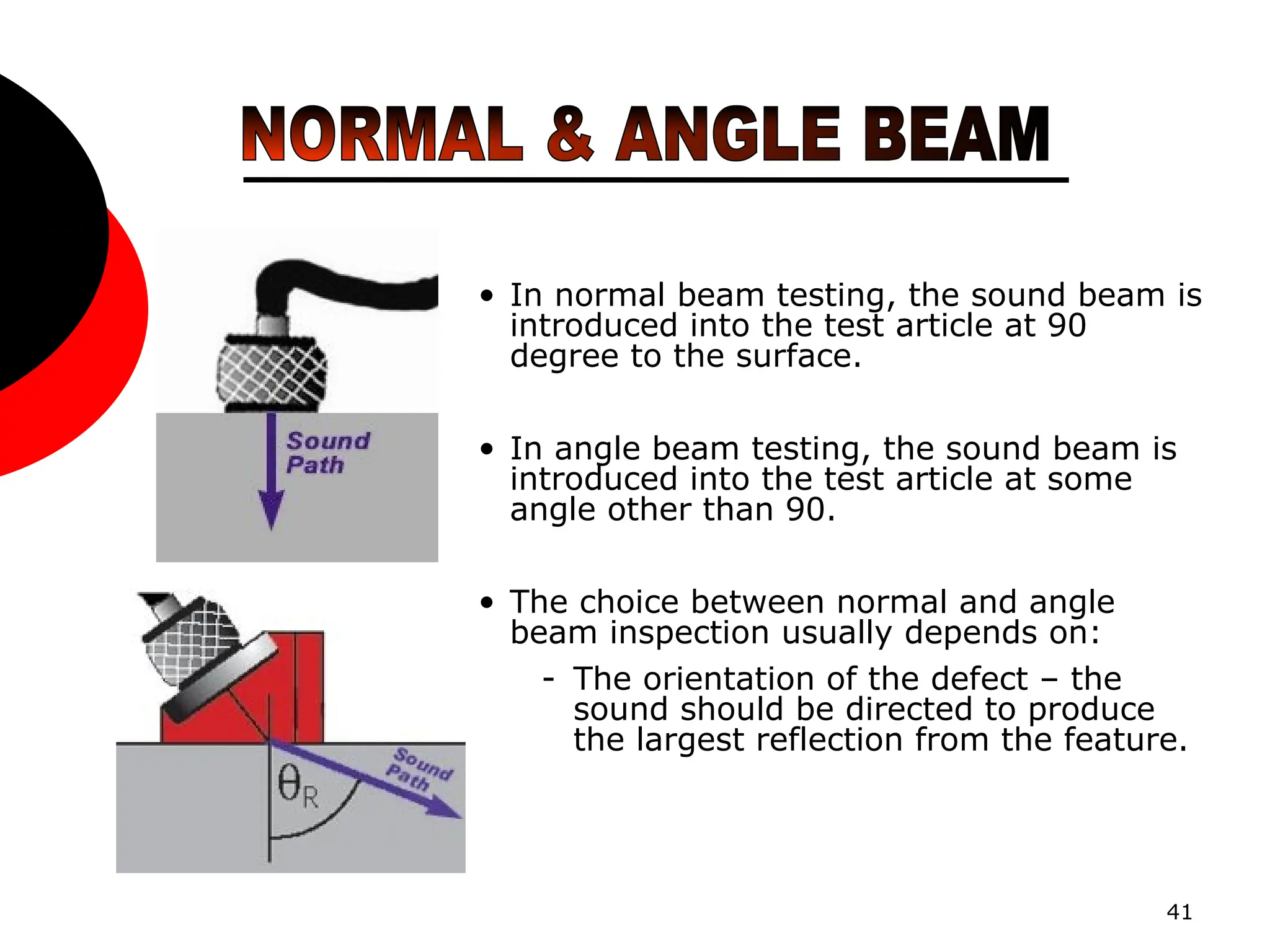 41
• In normal beam testing, the sound beam is
introduced into the test article at 90
degree to the surface.
• In angle beam testing, the sound beam is
introduced into the test article at some
angle other than 90.
• The choice between normal and angle
beam inspection usually depends on:
- The orientation of the defect – the
sound should be directed to produce
the largest reflection from the feature.
 