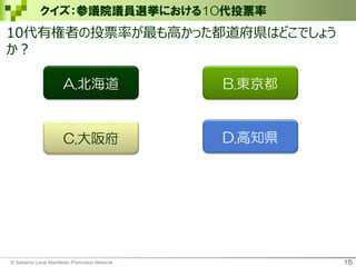 15
B.東京都A.北海道
C.大阪府 D.高知県
© Saitama Local Manifesto Promotion Network
10代有権者の投票率が最も高かった都道府県はどこでしょう
か？
クイズ：参議院議員選挙における10代投票率
 