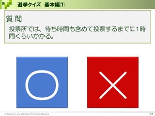 21
選挙クイズ 基本編①
質 問
投票所では、待ち時間も含めて投票するまでに1時
間くらいかかる。
〇 ×© Saitama Local Manifesto Promotion Network
 