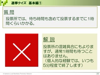 22
選挙クイズ 基本編①
×
解 説
投票所の混雑具合にもよりま
すが、通常1時間も待つこと
はありません。
（個人的な経験では、いつも
5分程度で終了します）
質 問
投票所では、待ち時間も含めて投票するまでに1時
間くらいかかる。
© Saitama Local Manifesto Promotion Network
 
