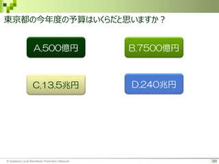 38
B.7500億円A.500億円
C.13.5兆円 D.240兆円
© Saitama Local Manifesto Promotion Network
東京都の今年度の予算はいくらだと思いますか？
 