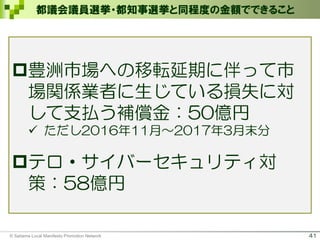 41
豊洲市場への移転延期に伴って市
場関係業者に生じている損失に対
して支払う補償金：50億円
✓ ただし2016年11月～2017年3月末分
テロ・サイバーセキュリティ対
策：58億円
41© Saitama Local Manifesto Promotion Network
都議会議員選挙・都知事選挙と同程度の金額でできること
 