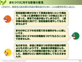 42
これまでに、高校生と政治家の対話の場を設けたときに、こんな意見を耳にしました。
防犯設備の数が少なくて夜道は危ないという理由
で、3つあった通学路のうちの1つが廃止になって
しまった。駅までの道が混んでしまうので、（通
学路の復活に向けて）防犯設備を増やしてもらえ
ませんか？
まちの中にスマホを充電できる場所がもっと欲し
いです。
電柱とかにスマホの充電器をつけてもらうことは
できませんか。
私のまちは、歩道と車道のつなぎ目の段差が隣町
よりも大きいようです。自転車の修理屋さんも、
隣町よりもパンクの修理の数が多いと言っていま
した。段差がひどい箇所の改善をしてもらえませ
んか。
© Saitama Local Manifesto Promotion Network
まちづくりに対する若者の意見
 