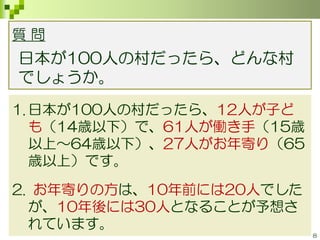 8
質 問
日本が100人の村だったら、どんな村
でしょうか。
1. 日本が100人の村だったら、12人が子ど
も（14歳以下）で、61人が働き手（15歳
以上～64歳以下）、27人がお年寄り（65
歳以上）です。
2. お年寄りの方は、10年前には20人でした
が、10年後には30人となることが予想さ
れています。
 