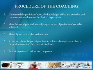 PROCEDURE OF THE COACHING Understand the participant’s job, the knowledge, skills, and attitudes, and resources required to meet the desired expectation Meet the participant and mutually agree on the objective that has to be achieved Mutually arrive at a plan and schedule At the job, show the participant how to achieve the objectives, observe the performance and then provide feedback Repeat step 4 until performance improves 