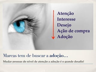 Atenção
                                        Interesse
                                        Desejo
                                        Ação de compra
                                        Adoção



Marcas tem de buscar a adoção...
Mudar pessoas do nível de atenção a adoção é o grande desaﬁo!
 