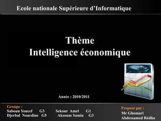 Ecole nationale Supérieure d’Informatique
Thème
Intelligence économique
Année : 2010/2011
Groupe :
Saboun Youcef G3 Sekour Amel G1
Djerbal Nourdine G5 Aksoum Samia G3
Proposé par :
Mr Ghomari
Abdessamed Rédha
 