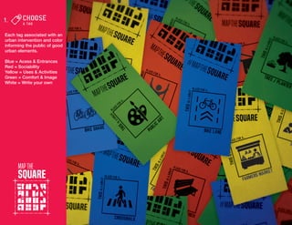 Each tag associated with an
urban intervention and color
informing the public of good
urban elements.
Blue = Acess & Entrances
Red = Sociability
Yellow = Uses & Activities
Green = Comfort & Image
White = Write your own
 