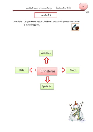 แบบฝึกทักษะการอ่านภาษาอังกฤษ ชั้นมัธยมศึกษาปีที่ 2
208
Directions : Do you know about Christmas? Discuss in groups and create
a mind mapping.

 

16
แบบฝึกที่ 4
Christmas
Symbols
StoryDate
Activities
 