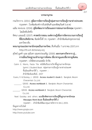 แบบฝึกทักษะการอ่านภาษาอังกฤษ ชั้นมัธยมศึกษาปีที่ 2
217
บรรณานุกรม
กรมวิชาการ. (2551). คู่มือการจัดการเรียนรู้กลุ่มสาระการเรียนรู้ภาษาต่างประเทศ.
กรุงเทพฯ : โรงพิมพ์องค์การรับส่งสินค้าและพัสดุภัณฑ์ (ร.ส.พ)
เฉลิม ทองนวล. (2554). คู่มือพัฒนาการเรียนและการสอนภาษาอังกฤษ.กรุงเทพฯ :
ไฮเอ็ดพับลิชชิ่ง
ทิศนา แขมมณี. (2557). ศาสตร์การสอน องค์ความรู้เพื่อการจัดกระบวนการเรียนรู้
ที่มีประสิทธิภาพ. พิมพ์ครั้งที่ 14. กรุงเทพฯ : สานักพิมพ์แห่งจุฬาลงกรณ์
มหาวิทยาลัย.
พจนานุกรมแปลภาษาอังกฤษเป็นภาษาไทย. สืบค้นเมื่อ 7 มกราคม 2557,จาก
http://th.w3 dictionary.org
สุวิทย์ มูลคา และ สุนันทา สุนทรประเสริฐ. (2550). ผลงานทางวิชาการ สู่...
การเลื่อนวิทยฐานะชานาญการพิเศษ เชี่ยวชาญและเชี่ยวชาญพิเศษ.
กรุงเทพฯ : บริษัทดวงกมลสมัย จากัด.
Catrin E. Morris, Paola Tile หนังสือเรียนรายวิชาพื้นฐานภาษาอังกฤษ
Sprint 1 Student Book กลุ่มสาระการเรียนรู้ภาษาต่างประเทศ
ชั้นมัธยมศึกษาปีที่ 1. กรุงเทพฯ :
สานักพิมพ์เอมพันธ์, 2557
Evans, V. & Dooley, J. (2010). Access student’s book 1. Bangkok: Aksorn
Charoentat. Co.,Ltd.
_______. (2010). Access workbook 1. Bangkok: Aksorn Charoentat.
Co.,Ltd.
_______. (2010). Access workbook 2. Bangkok: Aksorn Charoentat.
Co.,Ltd.
Noel Goodey and others แบบฝึกหัดสาระการเรียนรู้พื้นฐานภาษาอังกฤษ
Messages Work Book ชั้นมัธยมศึกษาปีที่ 2
กรุงเทพฯ : สานักพิมพ์พัฒนาคุณภาพวิชาการ (พว.), 2553.
ข้อมูลทางเว็บไซต์
http://www.google.com
http://www.youtube.com
25
 