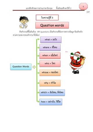แบบฝึกทักษะการอ่านภาษาอังกฤษ ชั้นมัธยมศึกษาปีที่ 2
197
คือคาถามที่ขึ้นต้นด้วย Wh-questions เป็นคาถามที่ต้องการทราบข้อมูล ข้อเท็จจริง
ตามความหมายของคาถาม ซึ่งได้แก่
Question Words
what = อะไร
where = ที่ไหน
when = เมื่อไหร่
who = ใคร
whose = ของใคร
why = ทาไม
which = อันไหน, สิ่งไหน
how = อย่างไร, วิธีใด
6
ใบความรู้ที่ 3
Question words
 