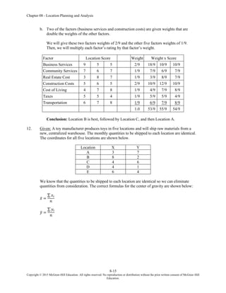 Chapter 08 - Location Planning and Analysis
8-15
Copyright © 2015 McGraw-Hill Education. All rights reserved. No reproduction or distribution without the prior written consent of McGraw-Hill
Education.
b. Two of the factors (business services and construction costs) are given weights that are
double the weights of the other factors.
We will give these two factors weights of 2/9 and the other five factors weights of 1/9.
Then, we will multiply each factor’s rating by that factor’s weight.
Factor Location Score Weight Weight x Score
Business Services 9 5 5 2/9 18/9 10/9 10/9
Community Services 7 6 7 1/9 7/9 6/9 7/9
Real Estate Cost 3 8 7 1/9 3/9 8/9 7/9
Construction Costs 5 6 5 2/9 10/9 12/9 10/9
Cost of Living 4 7 8 1/9 4/9 7/9 8/9
Taxes 5 5 4 1/9 5/9 5/9 4/9
Transportation 6 7 8 1/9 6/9 7/9 8/9
1.0 53/9 55/9 54/9
Conclusion: Location B is best, followed by Location C, and then Location A.
12. Given: A toy manufacturer produces toys in five locations and will ship raw materials from a
new, centralized warehouse. The monthly quantities to be shipped to each location are identical.
The coordinates for all five locations are shown below.
Location X Y
A 3 7
B 8 2
C 4 6
D 4 1
E 6 4
We know that the quantities to be shipped to each location are identical so we can eliminate
quantities from consideration. The correct formulas for the center of gravity are shown below:
𝑥̅ =
∑ 𝑥𝑖
𝑛
𝑦
̅ =
∑ 𝑦𝑖
𝑛
 
