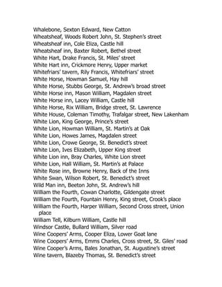 Whalebone, Sexton Edward, New Catton
Wheatsheaf, Woods Robert John, St. Stephen’s street
Wheatsheaf inn, Cole Eliza, Castle hill
Wheatsheaf inn, Baxter Robert, Bethel street
White Hart, Drake Francis, St. Miles’ street
White Hart inn, Crickmore Henry, Upper market
Whitefriars’ tavern, Rily Francis, Whitefriars’ street
White Horse, Howman Samuel, Hay hill
White Horse, Stubbs George, St. Andrew’s broad street
White Horse inn, Mason William, Magdalen street
White Horse inn, Lacey William, Castle hill
White Horse, Rix William, Bridge street, St. Lawrence
White House, Coleman Timothy, Trafalgar street, New Lakenham
White Lion, King George, Prince’s street
White Lion, Howman William, St. Martin’s at Oak
White Lion, Howes James, Magdalen street
White Lion, Crowe George, St. Benedict’s street
White Lion, Ives Elizabeth, Upper King street
White Lion inn, Bray Charles, White Lion street
White Lion, Hall William, St. Martin’s at Palace
White Rose inn, Browne Henry, Back of the Inns
White Swan, Wilson Robert, St. Benedict’s street
Wild Man inn, Beeton John, St. Andrew’s hill
William the Fourth, Cowan Charlotte, Gildengate street
William the Fourth, Fountain Henry, King street, Crook’s place
William the Fourth, Harper William, Second Cross street, Union
place
William Tell, Kilburn William, Castle hill
Windsor Castle, Bullard William, Silver road
Wine Coopers’ Arms, Cooper Eliza, Lower Goat lane
Wine Coopers’ Arms, Emms Charles, Cross street, St. Giles’ road
Wine Cooper’s Arms, Bales Jonathan, St. Augustine’s street
Wine tavern, Blazeby Thomas, St. Benedict’s street
 