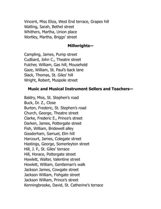 Vincent, Miss Eliza, West End terrace, Grapes hill
Watling, Sarah, Bethel street
Whithers, Martha, Union place
Wortley, Martha, Briggs’ street
Millwrights—
Campling, James, Pump street
Cudbard, John C., Theatre street
Fulcher, William, Gas hill, Mousehold
Gaze, William, St. Paul’s back lane
Slack, Thomas, St. Giles’ hill
Wright, Robert, Muspole street
Music and Musical Instrument Sellers and Teachers—
Baldry, Miss, St. Stephen’s road
Buck, Dr. Z., Close
Burton, Frederic, St. Stephen’s road
Church, George, Theatre street
Clarke, Frederic E., Prince’s street
Darken, James, Pottergate street
Fish, William, Bridewell alley
Gooderham, Samuel, Elm hill
Harcourt, James, Colegate street
Hastings, George, Somerleyton street
Hill, J. F., St. Giles’ terrace
Hill, Horace, Pottergate street
Howlett, Walter, Valentine street
Howlett, William, Gentleman’s walk
Jackson James, Cowgate street
Jackson William, Fishgate street
Jackson William, Prince’s street
Kenningbrooke, David, St. Catherine’s terrace
 