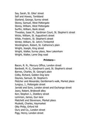 Say, Sarah, St. Giles’ street
Self and Howes, Tombland
Starland, George, Surrey street
Storey, Samuel, West Pottergate
Storey, William, West Pottergate
Surflin, William, Bank street
Thwaites, Isaac M., Sardinian Court, St. Stephen’s street
Wicks, William, St. Augustine’s street
Wilde, Frederic, St. Stephen’s street
Winter, William, St. John’s Timberhill
Wordingham, Robert, St. Catherine’s plain
Wright, Joseph, King street
Wright, Walter, Surrey place, New Lakenham
Wright, Walter, Lame Dog road
Printers—
Bacon, R. N., Mercury Office, London street
Bardwell, M. G., Goodman’s yard, St. Stephen’s street
Barnes, Charles, St. George’s plain
Colby, Richard, Golden Dog lane
Daynes, Samuel, St. Stephen’s
Fletcher and Alexander, Gentleman’s walk, Market place
Iungius, J., Pottergate street
Jarrold and Sons, London street and Exchange street
Jeary, Robert, Bridewell alley
Kerr, Stephen J., Distillery street
Lemmon, James, Gun lane
Matchett and Stevenson, Market place
Muskett, Charles, Haymarket
Otty Philip, Orford hill
Oury and Co., London street
Pigg, Henry, London street
 