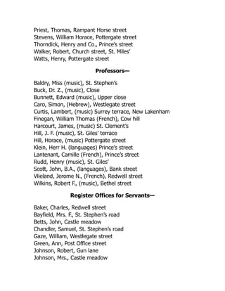 Priest, Thomas, Rampant Horse street
Stevens, William Horace, Pottergate street
Thorndick, Henry and Co., Prince’s street
Walker, Robert, Church street, St. Miles’
Watts, Henry, Pottergate street
Professors—
Baldry, Miss (music), St. Stephen’s
Buck, Dr. Z., (music), Close
Bunnett, Edward (music), Upper close
Caro, Simon, (Hebrew), Westlegate street
Curtis, Lambert, (music) Surrey terrace, New Lakenham
Finegan, William Thomas (French), Cow hill
Harcourt, James, (music) St. Clement’s
Hill, J. F. (music), St. Giles’ terrace
Hill, Horace, (music) Pottergate street
Klein, Herr H. (languages) Prince’s street
Lantenant, Camille (French), Prince’s street
Rudd, Henry (music), St. Giles’
Scott, John, B.A., (languages), Bank street
Vlieland, Jerome N., (French), Redwell street
Wilkins, Robert F., (music), Bethel street
Register Offices for Servants—
Baker, Charles, Redwell street
Bayfield, Mrs. F., St. Stephen’s road
Betts, John, Castle meadow
Chandler, Samuel, St. Stephen’s road
Gaze, William, Westlegate street
Green, Ann, Post Office street
Johnson, Robert, Gun lane
Johnson, Mrs., Castle meadow
 