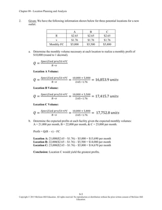 Chapter 08 - Location Planning and Analysis
8-5
Copyright © 2015 McGraw-Hill Education. All rights reserved. No reproduction or distribution without the prior written consent of McGraw-Hill
Education.
2. Given: We have the following information shown below for three potential locations for a new
outlet:
A B C
R $2.65 $2.65 $2.65
v $1.76 $1.76 $1.76
Monthly FC $5,000 $5,500 $5,800
a. Determine the monthly volume necessary at each location to realize a monthly profit of
$10,000 (round to 1 decimal).
𝑄 =
𝑆𝑝𝑒𝑐𝑖𝑓𝑖𝑒𝑑 𝑝𝑟𝑜𝑓𝑖𝑡+𝐹𝐶
𝑅−𝑣
Location A Volume:
𝑄 =
𝑆𝑝𝑒𝑐𝑖𝑓𝑖𝑒𝑑 𝑝𝑟𝑜𝑓𝑖𝑡+𝐹𝐶
𝑅−𝑣
=
10,000 + 5,000
2.65−1.76
= 16,853.9 𝑢𝑛𝑖𝑡𝑠
Location B Volume:
𝑄 =
𝑆𝑝𝑒𝑐𝑖𝑓𝑖𝑒𝑑 𝑝𝑟𝑜𝑓𝑖𝑡+𝐹𝐶
𝑅−𝑣
=
10,000 + 5,500
2.65−1.76
= 17,415.7 𝑢𝑛𝑖𝑡𝑠
Location C Volume:
𝑄 =
𝑆𝑝𝑒𝑐𝑖𝑓𝑖𝑒𝑑 𝑝𝑟𝑜𝑓𝑖𝑡+𝐹𝐶
𝑅−𝑣
=
10,000 + 5,800
2.65−1.76
= 17,752.8 𝑢𝑛𝑖𝑡𝑠
b. Determine the expected profits at each facility given the expected monthly volumes:
A = 21,000 per month, B = 22,000 per month, & C = 23,000 per month.
Profit = Q(R – v) – FC
Location A: 21,000($2.65 – $1.76) – $5,000 = $13,690 per month
Location B: 22,000($2.65 – $1.76) – $5,500 = $14,080 per month
Location C: 23,000($2.65 – $1.76) – $5,800 = $14,670 per month
Conclusion: Location C would yield the greatest profits.
 