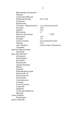 9
Володимира Антоновича
Районна
Станіслава Майсеєва
Районний Бульвар 4-41, 5-40
Родникова
Промислова
Степняка - Кравчинського ( до залізничної колії)
Кільцева 2-64
Дарвіна 2-51
Виставочна 1-7
Миколи Леонтовича 1-220
Посадочна 1-51
Полярна 1-8
Сергія Сенчева (до залізничної колії)
Чкалова 1-67
Лесі Українки 2-60 (до пров. Ринкового)
Урожайна
проспект Промисловий
Інженерів
пров. Виставочний
Дегтярьова
Ініціативний
Кільцевий
Косокутний
Дмитра Донцова
Мініна
Озерний
Повітрянофлотський
Радіальний 1-й
Радіальний 2-й
Родниковий
Саксаганського
Славний
Гулого-Гуленка
Сонячний
Добричів
Станіслава Мойсеєва
Цеховий
тупик Озерний
Родниковий
проїзд Тінистий
 