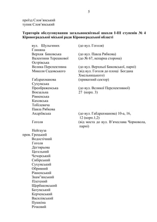 5
проїзд Слов’янський
тупик Слов’янський
Територія обслуговування загальноосвітньої школи І-ІІІ ступенів № 4
Кіровоградської міської ради Кіровоградської області
вул. Шульгиних (до вул. Гоголя)
Глиняна
Верхня Биковська (до вул. Павла Рябкова)
Валентини Терешкової (до № 67, непарна сторона)
Острівська
Велика Перспективна (до вул. Верхньої Биковської, парні)
Миколи Садовського (від вул. Гоголя до площі Богдана
Хмельницького)
Габдрахманова (приватний сектор)
Сухумська
Преображенська (до вул. Великої Перспективної)
Вокзальна 27 (корп. 3)
Рівненська
Каховська
Тобілевича
Павла Рябкова
Андріївська (до вул. Габдрахманова) 10-а, 16,
12 (корп.1,2)
Гоголя (від моста до вул. В’ячеслава Чорновола,
парні)
Нейгауза
пров. Грецький
Водостічний
Гоголя
Дегтярьова
Цегельний
Чечорський
Сибірський
Сухумський
Обривний
Рівненський
Знам”янський
Плетений
Щербаковський
Батумський
Керченський
Василівський
Пушкіна
Річковий
 
