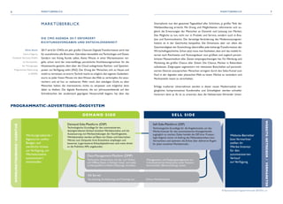 DEMAND SIDE SELL SIDE
Werbungtreibende /
Agenturen stellen
Budget und
werbliche Inhalte
zurVerfügung, um
Werbekontakte
automatisiert
einzukaufen.
Website-Betreiber
bzw.Vermarkter
stellen ihr
Werbe-Inventar
für den
automatisierten
Verkauf
zurVerfügung.
WERBUNGTREIBENDE / AGENTUR
Technische Infrastruktur, mit der sich Online-
und Offline-Daten in Echtzeit kanal- und anbie-
terübergreifend erheben (Messung), verwalten
(Management) und Zielgruppensegmente zur
individualisierten Ansprache eines Nutzers
bereitstellen (Bereitstellung) lassen.
Data-Management-Plattfom (DMP)
© Bundesverband Digitale Wirtschaft (BVDW) e.V.
Verwaltung, Auslieferung und Tracking von Online-Werbemitteln.
Ad Server
PROGRAMMATIC-ADVERTISING-ÖKOSYSTEM
Demand-Side-Plattform (DSP)
Technologische Grundlage für den automatisierten,
datengetriebenen Einkauf einzelner Werbekontakte und die
Aussteuerung von Werbeschaltungen der Nachfrageseite.
Werbekontakte werden auf Basis von Daten und historischen
Werten zum Zeitpunkt ihres Entstehens empfangen und
bewertet. Login-basierte Einkaufsplattformen sind meist direkt
an die Publisher-APIs angebunden.
Sell-Side-Plattform (SSP)
Technologische Grundlage für die Angebotsseite, um das
Werbe-Inventar für den automatisierten Anzeigenhandel
zugänglich zu machen. Dabei handelt die SSP, ihrer Prozess-
logik folgend, immer im Auftrag des Websitebetreibers bzw.
Vermarkters und optimiert die Erlöse über definierte Regeln
für jeden einzelnen Werbekontakt.
WEBSITE-BETREIBER  /   VERMARKTER
6 7MARKTÜBERBLICK MARKTÜBERBLICK
MARKTÜBERBLICK
DIE CMO AGENDA 2017 ERFORDERT
RICHTUNGSVORGABEN UND ENTSCHLOSSENHEIT
2017 wird für CMOs ein Jahr großer Chancen: DigitaleTransformation wird real
für ausnahmslos alle Branchen.Getrieben keinesfalls vonTechnologie und Daten.
Sondern von König Kunde selbst. Keine Minute in einer Wartesituation ver-
geht, schon wird der internetfähige, persönliche Hochleistungsrechner für die
Hosentasche gezückt, dem über die Cloud unbegrenzte Rechen- und Speicher-
power zur Verfügung steht (FAZ). Der Drang der Menschen, sich zu Hause und
mobil zu vernetzen,ist enorm.Technik macht es möglich,den eigenen Gedanken-
sturm zu jeder freien Minute mit dem Wissen des Web zu verknüpfen, ihn anzu-
reichern und ad hoc zu realisieren. Mehr noch, den ständigen Draht zu allen
Menschen halten, die interessieren, nichts zu verpassen und möglichst aktiv
dabei zu bleiben. Die digitale Revolution, die zur Jahrtausendwende auf den
Schreibtischen der studentisch geprägten Nutzerschaft begann, hat über das
Smartphone nun den gesamten Tagesablauf aller Schichten, ja großer Teile der
Weltbevölkerung erreicht. Mit Drang und Möglichkeiten reformieren sich zu-
gleich die Erwartungen der Menschen an Dynamik und Leistung von Marken.
Das Mögliche zu tun, nicht nur in Produkt und Service, sondern auch in Ana-
lyse und Kommunikation. Die derzeitige Veränderung des Mediennutzungsver-
haltens ist in der Geschichte beispiellos. Die Dimension, aber vor allem die
Geschwindigkeit der Entwicklung, übertreffen jede bisherigeTransformation der
Wirtschaftsgeschichte. Schon jetzt muss man festhalten, dass sich das mobile In-
ternet nach Reichweite und Nutzungsdauer zum größten und zugleich persön-
lichsten Massenmedium aller Zeiten emporgeschwungen hat. Für Werbung und
Marketing die größte Chance aller Zeiten. Die Chance, Marken in Rekordzeit
aufzubauen. Zielgruppen segmentiert mit relevanten Botschaften auf personali-
sierten Devices anzusprechen. Menschen stringent durch den Sales-Funnel zum
Kauf in der digitalen oder physischen Welt zu leiten. Märkte zu verändern und
Marktanteile rasant zu verschieben.
Erfolge tradierter Unternehmen werden in dieser neuen Medienrealität ver-
gänglicher, kompromisslose Kundennähe und Schnelligkeit werden schneller
honoriert denn je. Es ist zu erwarten, dass die Haltwertzeit führender Unter-
Oliver Busch
Head of Agency,
Facebook Germany GmbH,
stv.Vorsitzender
der Fokusgruppe
Programmatic Advertising
im BVDW
 