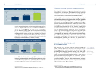 Nettowerbeumsätze im Programmatic Advertising in Deutschland
© Bundesverband Digitale Wirtschaft (BVDW) e.V.
600
500
400
300
200
100
0
In Mio. Euro
BVDW-Statistik 2014
269
BVDW-Statistik 2015
390 (+ 45 %)
BVDW-Prognose 2016
577 (+ 48 %)
Anteil Nettowerbeumsätze im Programmatic Advertising an der OVK-Werbestatistik
© Bundesverband Digitale Wirtschaft (BVDW) e.V.
2.000
1.500
1.000
500
0
In Mio. Euro
BVDW-Statistik 2014
1.581 €
BVDW-Statistik 2015 BVDW-Prognose 2016
17 %
1.676 €
23 %
1.782 €
32 %
10 11
Während die Nettowerbeumsätze von Programmatic Advertising in 2014 ins-
gesamt noch 269 Millionen Euro betrugen,waren es 2015 bereits 390 Millionen
– ein Plus von 45 Prozent gegenüber dem Vorjahr. Mit einer Wachstumsprog-
nose von 48 Prozent für 2016 werden die programmatischen Umsätze laut
Prognose in diesem Jahr bei 577 Millionen Euro liegen. Damit verdoppeln sich
die programmatischen Umsätze innerhalb von nur zwei Jahren. Lag der Anteil
an der Werbestatistik für digitale Display-Werbung des Online-Vermarkter-
kreises (OVK) in 2014 noch bei 17 Prozent, wird dieser im laufenden Jahr fast
ein Drittel (32 Prozent) betragen. 2015 waren es 23 Prozent.1
Im Jahr 2016 und auch im Ausblick auf das Jahr 2017 werden die verstärkte
Ausweitung des programmatischen Handels vom Desktop-Bereich auf Mobile-
und Video-Plattformen und besonders signifikant der Einsatz von Header-
Bidding-Technologien das Wachstum weiterhin positiv beeinflussen.
1 Quelle: BVDW, „BVDW-Werbestatistik Programmatic Advertising 2016 / 02“, 08 / 2016
Programmatic Advertising – steht uns ein Paradigmenwechsel bevor?
Eine maßgebliche Entwicklung im Programmatic Advertising hat sich durch die
Marktetablierung der sogenannten Header-Bidding-Technologie ergeben, die
zeitgleich dasAngebot bereitstellt und den Zugriff verschiedener Nachfragekanäle
vom Direktvertrieb bis zu programmatischenVertriebswegen ermöglicht.
Hierbei wird die herkömmliche Adserver-Priorisierungslogik basierend auf
dem sogenanntenWasserfall-Prinzip abgelöst und das Ziel verfolgt,die jeweilige
Impression zum höchstmöglichen TKP zu monetarisieren. Header Bidding ist
somit nicht nur eine technologische Lösung die die eingeschränkten Möglich-
keiten des herkömmlichen Adserver ersetzt, sondern auch eine Basis für die
Umsetzung einer neuen Monetarisierungsstrategie. Als weitere Ausbaustufe
der Header-Bidding-Technologie ist noch die sogenannte Wrapper-Lösung
(auch: Container-Lösung) zu nennen, die den daraus entstehenden Wettbe-
werb um die jeweilige Impression zusätzlich auf mehrere SSP-Anbieter er-
weitert. In den entsprechenden Wrapper- oder Container-Tag werden hierbei
die Header-Tags von mehreren SSP integriert. Die rasante Verbreitung dieser
Technologien bei den deutschen Online-Vermarktern und Website-Betrei-
bern, die Berücksichtigung von Premium-Platzierungen und -formaten und die
herausragende Verbesserung der Performancewerte hat ohne Zweifel einen
Paradigmenwechsel eingeleitet, der im Jahr 2016 und darüber hinaus zu
starken Wachstumseffekten im Programmatic Advertising führen wird.
PROGRAMMATIC ADVERTISING IN DER
PLATTFORM-ECONOMY
Jetzt hat sich der Markt doch schon so sehr an die bunten, vielfältigen und
ständig wachsenden Programmatic Advertising Logo Landscapes von Luma
Consulting gewöhnt, da stellt Luma plötzlich sein eigenes Modell infrage.
Bei prognostizierten 85 Prozent Marktanteil weltweit für die beiden Spieler
Google und Facebook in 20202
bleibt nicht mehr viel Platz für ein ausdifferen-
ziertes Programmatic-Advertising-Ökosystem. Das Gute in diesem Szenario:
Programmatic Advertising übernimmt damit wie prognostiziert die Online-
Werbung. Das Beängstigende dabei: Es passiert in einer anderen Weise, als
die Industrie es gedacht hatte. Kein offenes, programmatisches Marktplatz-
Modell löst die Werbe-Netzwerke ab, sondern Google und Facebook bilden
Super-Networks mit einem eigenen Ecosystem.
2 Quelle:The Straits Times, „Google, Facebook dominate digital ads market”, 04 / 2016
	http://www.straitstimes.com/business/google-facebook-dominate-digital-ads-market
MARKTÜBERBLICK MARKTÜBERBLICK
Prof. Dr. Jürgen Seitz
Professor für Marketing,
Medien und
Digitale Wirtschaft,
Hochschule der Medien
(HDM) Stuttgart
 