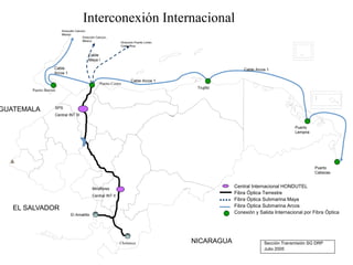 Interconexión Internacional
Miraflores
Central INT II
Choluteca
Puerto Cortes
Central Internacional HONDUTEL
Fibra Óptica Terrestre
Fibra Óptica Submarina Maya
Fibra Óptica Submarina Arcos
Conexión y Salida Internacional por Fibra Óptica
Sección Transmisión SG DRP
Julio 2005
El Amatillo
SPS
Central INT III
NICARAGUA
EL SALVADOR
GUATEMALA
Trujillo
Puerto
Lempira
Cable
Maya I
Cable Arcos 1
Cable
Arcos 1
Dirección Cancún,
México
Dirección Puerto Limón,
Costa Rica
Cable Arcos 1
Dirección Cancún,
México
Puerto
Cabezas
Puerto Barrios
 