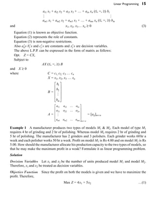 Linear Programming 15
ai1 x1 + ai2 x2 + ai3 x3 + … + ain xn (£, =, ≥) bi
 
am1 x1 + am2 x2 + am3 x3 + … + amn xn (£, =, ≥) bm
and x1, x2, x3… xn ≥ 0 (3)
Equation (1) is known as objective function.
Equation (2) represents the role of constants.
Equation (3) is non-negative restrictions.
Also aij
¢s bj¢s and cj¢s are constants and xj¢s are decision variables.
The above L.P.P. can be expressed in the form of matrix as follows:
Opt. Z = CX,
Subject to
AX (£, =, ≥) B
and X ≥ 0
where C = c1, c2, c3 … cn
X = x1, x2, x3 … xn
B =
b
b
bm
1
2

È
Î
Í
Í
Í
Í
˘
˚
˙
˙
˙
˙
A =
a a
a a a
a a a
n
n
m m mn m n
11 12 1
21 22 2
1 2
a º
º
º
È
Î
Í
Í
Í
Í
˘
˚
˙
˙
˙
˙
¥
 = [aij]m¥n
Example 1 A manufacturer produces two types of models M1 & M2. Each model of type M1
requires 4 hr of grinding and 2 hr of polishing. Whereas model M2 requires 2 hr of grinding and
5 hr of polishing. The manufacturer has 2 grinders and 3 polishers. Each grinder works 60 hr a
week and each polisher works 50 hr a week. Profit on model M1 is Rs 4.00 and on model M2 is Rs
5.00. How should the manufacturer allocate his production capacity to the two types of models, so
that he may make the maximum profit in a weak? Formulate it as linear programming problem.
Solution
Decision Variables Let x1 and x2 be the number of units produced model M1 and model M2.
Therefore, x1 and x2 be treated as decision variables.
Objective Function Since the profit on both the models is given and we have to maximize the
profit. Therefore,
Max Z = 4x1 + 5x2 …(1)
 