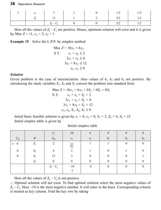38 Operations Research
3 x1 3 1 0 1/2 1/2
Zj 11 3 2 5/2 1/2
Zj – Cj 0 0 5/2 1/2
Here all the values of Zj – Cj are positive. Hence, optimum solution will exist and it is given
by Max Z = 11, x1 = 3, x2 = 1
Example 15 Solve the L.P.P. by simplex method
Max Z = 10x1 + 6x2
S.T. x1 + x2 £ 2
2x1 + x2 £ 4
3x1 + 8x2 £ 12
x1, x2 ≥ 0
Solution
Given problem is the case of maximization. Also values of b1 b2 and b3 are positive. By
introducing the slack variables S1, S2 and S3 convert the problem into standard form.
Max Z = 10x1 + 6x2 + 0S1 + 0S2 + 0S3
S.T. x1 + x2 + S1 = 2
2x1 + x2 + S2 = 4
3x1 + 8x2 + S3 = 12
x1, x2, S1, S2, S3 ≥ 0
Initial basic feasible solution is given by x1 = 0, x2 = 0, S1 = 2, S2 = 4, S3 = 12
Initial simplex table is given by
Initial simplex table
Cj 10 6 0 0 0
CB B XB x1 x2 S1 S2 S3
¨ 0 S1 2
1
1 1 0 0
0 S2 4 2 1 0 1 0
0 S3 12 3 8 0 0 1
Zj 0 0 0 0 0 0
Zj – Cj –10 –6 0 0 0
≠
Here all the values of Zj – Cj is not positive.
 Optimal solution will not exist. To find optimal solution select the most negative values of
Zj – Cj. Here –10 is the most negative number. It will enter in the basis. Corresponding column
is treated as key column. Find the key row by taking
 