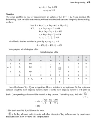 Linear Programming 43
x1+ 4x2 + 0x3 £ 420
x1, x2, x3 ≥ 0
Solution
The given problem is ease of maximization all values of bi’s (i = 1, 2, 3) are positive. By
introducing slack variables convert the problem into standard form and inequality into equality;
we have
Max Z = 3x1+ 2x2 + 5x3 + 0S1 + 0S2 + 0S3
S.T. x1 + 2x2 + x3 + S1 = 430
3x1 + 0x2 + 2x3 + S2 = 460
x1 + 4x2 + 0x3 + S3 = 420
x1, x2, x3, S1, S2, S3 ≥ 0
Initial basic feasible solution is given by x1 = x2 = x3 = 0
S1 = 430, S2 = 460, S3 = 420
Now prepare initial simplex table.
Initial simplex table
Cj 3 2 5 0 0 0
CB B XB x1 x2 x3 S1 S2 S3
0 S1 430 1 2 1 1 0 0
¨ 0 S2 460 3 0
2
0 1 0
0 S3 420 1 4 0 0 0 1
Zj 0 0 0 0 0 0 0
Zj – Cj –3 –2 –5 0 0 0
≠
Here all values of Zj – Cj are not positive. Hence, solution is not optimum. To find optimum
solution select the most negative number. Here –5 is the most negative number it will enter in
basis. Corresponding column will be treated as key column. To find key row, find min
X
x
B
3
Ê
Ë
Á
ˆ
¯
˜
= min =
430
1
460
2
420
0
, ,
Ê
Ë
Á
ˆ
¯
˜
= 230
The basic variable S2 will leave the basis.
2 is the key element make it unity and other element of key column zero by matrix row
transformation. Now we have first simplex table.
 