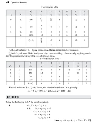 44 Operations Research
First simplex table
Cj 3 2 5 0 0 0
CB B XB x1 x2 x3 S1 S2 S3
0 S1 200
-1
2
2 0 1 1/2 0
5 x3 230
3
2
0 1 0 1/2 0
0 S3 420 1 4 0 0 0 1
Zj 1150 15/2 0 5 0 5/2 0
Zj – Cj
9
2
–2 0 0 5/2 0
≠
Further, all values of Zj – Cj are not positive. Hence, repeat the above process.
2 is the key element. Make it unity and other elements of key column zero by applying matrix
row transformation, we have the second simplex table.
Second simplex table
Cj 3 2 5 0 0 0
CB B XB x1 x2 x3 S1 S2 S3
2 x2 100 –1/4 1 0 1/2 –1/4 0
5 x3 230 3/2 0 1 0 1/2 0
0 s3 20 2 0 0 –2 1 1
Zj 1350 7 2 5 1 2 0
Zj – Cj 4 0 0 1 2 0
Since all values of Zj – Cj ≥ 0. Hence, the solution is optimum. It is given by
x1 = 0, x2 = 100, x3 = 230, Max Z = 1350 Ans
EXERCISE
Solve the Following L.P.P. by simplex method.
1. Max Z = x1 + 2x2 + x3
S.T. 2x1 + x2 – x3 ≥ –2
–2x1 + x2 –5x3 £ 6
4x1 + x2 + x3 £ 6
x1, x2, x3 ≥ 0
   [Ans. x1 = 0, x2 = 4, x3 = 2 Max Z = 10]
 