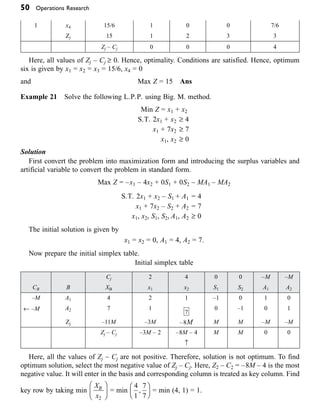 50 Operations Research
1 x4 15/6 1 0 0 7/6
Zj 15 1 2 3 3
Zj – Cj 0 0 0 4
Here, all values of Zj – Cj ≥ 0. Hence, optimality. Conditions are satisfied. Hence, optimum
six is given by x1 = x2 = x3 = 15/6, x4 = 0
and Max Z = 15 Ans
Example 21 Solve the following L.P.P. using Big. M. method.
Min Z = x1 + x2
S.T. 2x1 + x2 ≥ 4
x1 + 7x2 ≥ 7
x1, x2 ≥ 0
Solution
First convert the problem into maximization form and introducing the surplus variables and
artificial variable to convert the problem in standard form.
Max Z = –x1 – 4x2 + 0S1 + 0S2 – MA1 – MA2
S.T. 2x1 + x2 – S1 + A1 = 4
x1 + 7x2 – S2 + A2 = 7
x1, x2, S1, S2, A1, A2 ≥ 0
The initial solution is given by
x1 = x2 = 0, A1 = 4, A2 = 7.
Now prepare the initial simplex table.
Initial simplex table
Cj 2 4 0 0 –M –M
CB B XB x1 x2 S1 S2 A1 A2
–M A1 4 2 1 –1 0 1 0
¨ –M A2 7 1
7
0 –1 0 1
Zj –11M –3M –8 M M –M –M
Zj – Cj –3M – 2 –8M – 4 M M 0 0
≠
Here, all the values of Zj – Cj are not positive. Therefore, solution is not optimum. To find
optimum solution, select the most negative value of Zj – Cj. Here, Z2 – C2 = –8M – 4 is the most
negative value. It will enter in the basis and corresponding column is treated as key column. Find
key row by taking min
X
x
B
2
Ê
Ë
Á
ˆ
¯
˜ = min
4
1
7
7
,
Ê
Ë
Á
ˆ
¯
˜ = min (4, 1) = 1.
 