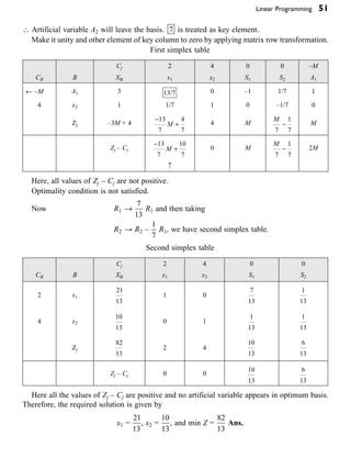 Linear Programming 51
 Artificial variable A2 will leave the basis. 7 is treated as key element.
Make it unity and other element of key column to zero by applying matrix row transformation.
First simplex table
Cj 2 4 0 0 –M
CB B XB x1 x2 S1 S2 A1
¨ –M A1 3 13 7
/ 0 –1 1/7 1
4 x2 1 1/7 1 0 –1/7 0
Zj –3M + 4
-
+
13
7
4
7
M 4 M
M
7
1
7
- M
Zj – Cj
-
+
13
7
10
7
M 0 M
M
7
1
7
- 2M
≠
Here, all values of Zj – Cj are not positive.
Optimality condition is not satisfied.
Now R1 Æ
7
13
R1 and then taking
R2 → R2 –
1
7
R1, we have second simplex table.
Second simplex table
Cj 2 4 0 0
CB B XB x1 x2 S1 S2
2 x1
21
13
1 0
7
13
1
13
4 x2
10
13
0 1
1
13
1
13
Zj
82
13
2 4
10
13
6
13
Zj – Cj 0 0
10
13
6
13
Here all the values of Zj – Cj are positive and no artificial variable appears in optimum basis.
Therefore, the required solution is given by
x1 =
21
13
, x2 =
10
13
, and min Z =
82
13
Ans.
 
