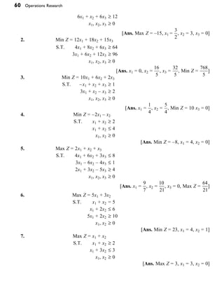 60 Operations Research
6x1 + x2 + 6x3 ≥ 12
x1, x2, x3 ≥ 0
   [Ans. Max Z = –15, x1 =
3
2
, x2 = 3, x3 = 0]
2.   Min Z = 12x1 + 18x2 + 15x3
S.T. 4x1 + 8x2 + 6x3 ≥ 64
3x1 + 6x2 + 12x3 ≥ 96
x1, x2, x3 ≥ 0
   [Ans. x1 = 0, x2 =
16
5
, x3 =
32
5
, Min Z =
768
5
]
3.   Min Z = 10x1 + 6x2 + 2x3
S.T. –x1 + x2 + x3 ≥ 1
3x1 + x2 – x3 ≥ 2
x1, x2, x3 ≥ 0
   [Ans. x1 =
1
4
, x2 =
5
4
, Min Z = 10 x3 = 0]
4.   Min Z = –2x1 – x2
S.T. x1 + x2 ≥ 2
x1 + x2 £ 4
x1, x2 ≥ 0
   [Ans. Min Z = –8, x1 = 4, x2 = 0]
5.   Max Z = 2x1 + x2 + x3
S.T. 4x1 + 6x2 + 3x3 £ 8
3x1 – 6x2 – 4x3 £ 1
2x1 + 3x2 – 5x3 ≥ 4
x1, x2, x3 ≥ 0
   [Ans. x1 =
9
7
, x2 =
10
21
, x3 = 0, Max Z =
64
21
]
6.   Max Z = 5x1 + 3x2
S.T. x1 + x2 = 5
x1 + 2x2 £ 6
5x1 + 2x2 ≥ 10
x1, x2 ≥ 0
   [Ans. Min Z = 23, x1 = 4, x2 = 1]
7.   Max Z = x1 + x2
S.T. x1 + x2 ≥ 2
x1 + 3x2 £ 3
x1, x2 ≥ 0
   [Ans. Max Z = 3, x1 = 3, x2 = 0]
 