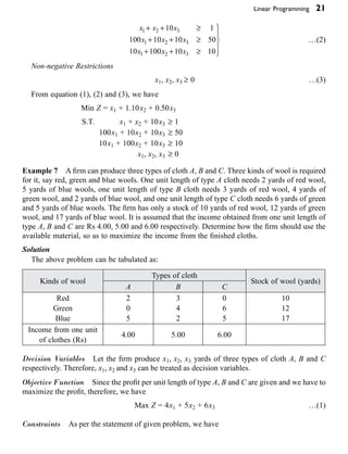 Linear Programming 21
x x x
x x x
x x x
1 2 3
1 2 3
1 2 3
10 1
100 10 10 50
10 100 10 10
+ + ≥
+ + ≥
+ + ≥
¸
˝
Ô
˛
Ô
…(2)
Non-negative Restrictions
x1, x2, x3 ≥ 0 …(3)
From equation (1), (2) and (3), we have
Min Z = x1 + 1.10x2 + 0.50x3
S.T. x1 + x2 + 10x3 ≥ 1
100x1 + 10x2 + 10x3 ≥ 50
10x1 + 100x2 + 10x3 ≥ 10
x1, x2, x3 ≥ 0
Example 7 A firm can produce three types of cloth A, B and C. Three kinds of wool is required
for it, say red, green and blue wools. One unit length of type A cloth needs 2 yards of red wool,
5 yards of blue wools, one unit length of type B cloth needs 3 yards of red wool, 4 yards of
green wool, and 2 yards of blue wool, and one unit length of type C cloth needs 6 yards of green
and 5 yards of blue wools. The firm has only a stock of 10 yards of red wool, 12 yards of green
wool, and 17 yards of blue wool. It is assumed that the income obtained from one unit length of
type A, B and C are Rs 4.00, 5.00 and 6.00 respectively. Determine how the firm should use the
available material, so as to maximize the income from the finished cloths.
Solution
The above problem can be tabulated as:
Kinds of wool
Types of cloth
Stock of wool (yards)
A B C
Red
Green
Blue
2
0
5
3
4
2
0
6
5
10
12
17
Income from one unit
of clothes (Rs)
4.00 5.00 6.00
Decision Variables Let the firm produce x1, x2, x3 yards of three types of cloth A, B and C
respectively. Therefore, x1, x2 and x3 can be treated as decision variables.
Objective Function Since the profit per unit length of type A, B and C are given and we have to
maximize the profit, therefore, we have
Max Z = 4x1 + 5x2 + 6x3 …(1)
Constraints As per the statement of given problem, we have
 