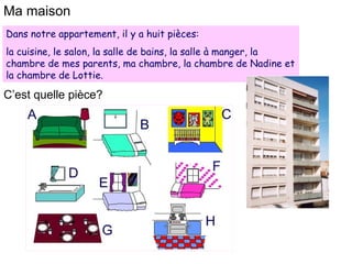 Ma maison Dans notre appartement, il y a huit pièces: la cuisine, le salon, la salle de bains, la salle à manger, la chambre de mes parents, ma chambre, la chambre de Nadine et la chambre de Lottie. C’est quelle pièce? 