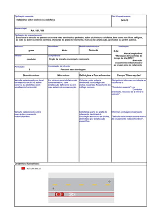 Tipificação resumida:                                                                              Cód. Enquadramento:
  Estacionar sobre ciclovia ou ciclofaixa.                                                                   569 02
                                                                                                             568 - 12
                                                                                                              545-23


Amparo legal:
                  Art. 181, VIII
Tipificação do enquadramento:
 Estacionar o veículo no passeio ou sobre faixa destinada a pedestre, sobre ciclovia ou ciclofaixa, bem como nas ilhas, refúgios,
 ao lado ou sobre canteiros centrais, divisores de pista de rolamento, marcas de canalização, gramados ou jardim público.


Natureza:                          Penalidade:                     Medida administrativa:                   Sinalização:

                grave                              Multa                     Remoção                 R-34
                                                                                                               .Marca longitudinal
Infrator:                          Competência:                                                       "Marcação de Ciclofaixa ao
                                    Órgão de trânsito municipal e rodoviário                         Longo da Via (MFC)"
               condutor
                                                                                                                        .Marca de
                                                                                                      cruzamento rodocicloviário
                                   Constatação da infração:
                                                                                                     ao cruzar pista de rolamento
Pontuação:
                55
                NÃO                               Possível sem abordagem

            Quando autuar                    Não autuar            Definições e Procedimentos           Campo 'Observações'

Veículo estacionado em local       Em ciclovia ou ciclofaixa não   Ciclovia: pista própria         Obrigatório informar se ciclovia ou
sinalizado com R-34, sobre         caracterizadas, com             destinada à circulação de       ciclofaixa e:
ciclovia ou ciclofaixa com         sinalização deficiente ou em    ciclos, separada fisicamente do
sinalização horizontal.            mau estado de conservação.      tráfego comum.                  "Condutor ausente", ou
                                                                                                                       "Condutor
                                                                                                   orientado, recusou-se a retirar o
                                                                                                   veículo".




Veículo estacionado sobre                                          Ciclofaixa: parte da pista de   Informar a situação observada:
marca de cruzamento                                                rolamento destinada à
rodocicloviário.                                                   circulação exclusiva de ciclos, "Veículo estacionado sobre marca
                                                                   delimitada por sinalização      de cruzamento rodocicloviário".
                                                                   específica.




Desenhos ilustrativos:

               AUTUAR 545-23
 