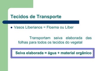 Tecidos de Transporte
 Vasos Liberianos = Floema ou Líber
Transportam seiva elaborada das
folhas para todos os tecidos do vegetal
Seiva elaborada = água + material orgânico
 