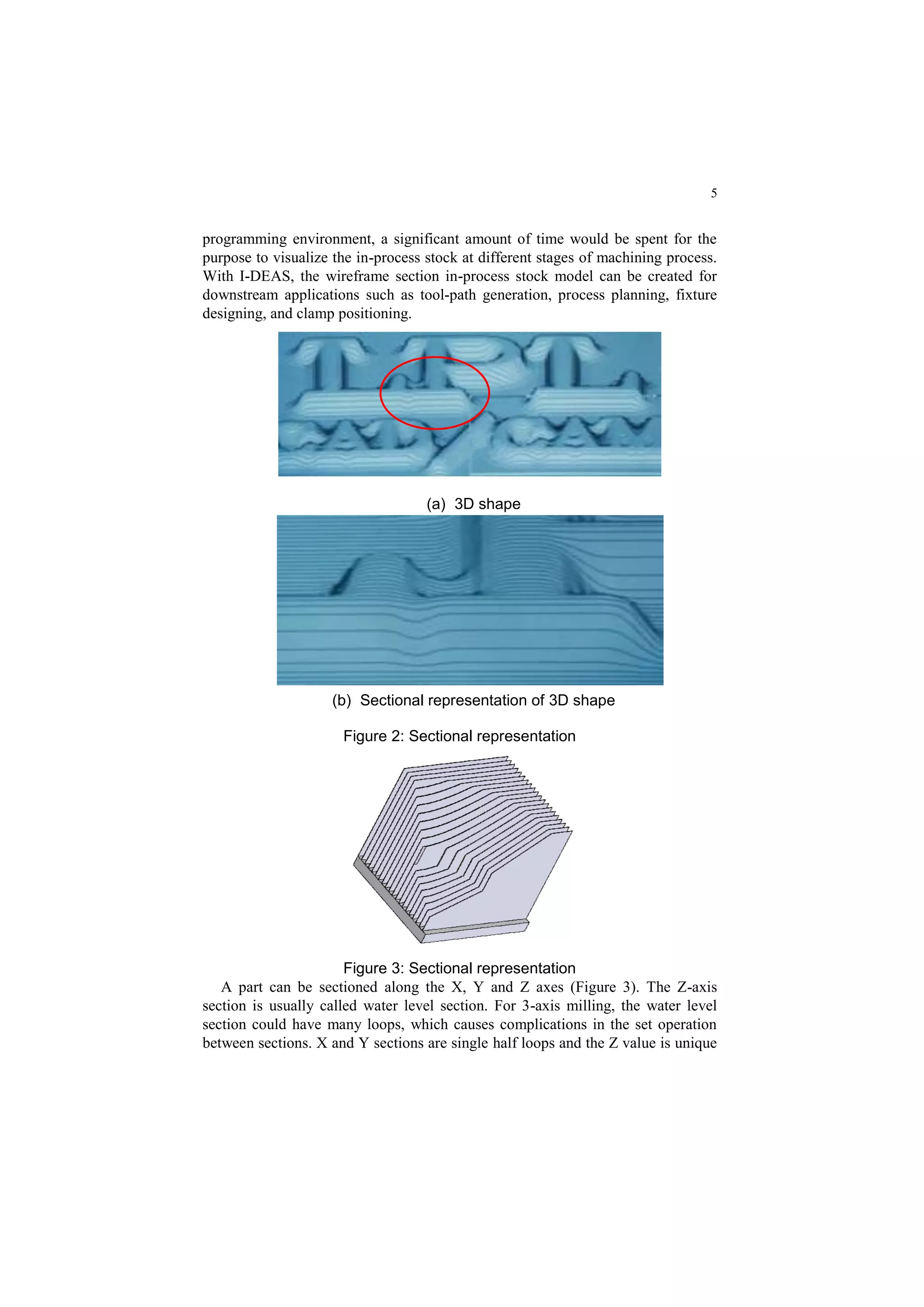 5
programming environment, a significant amount of time would be spent for the
purpose to visualize the in-process stock at different stages of machining process.
With I-DEAS, the wireframe section in-process stock model can be created for
downstream applications such as tool-path generation, process planning, fixture
designing, and clamp positioning.
(a) 3D shape
(b) Sectional representation of 3D shape
Figure 2: Sectional representation
Figure 3: Sectional representation
A part can be sectioned along the X, Y and Z axes (Figure 3). The Z-axis
section is usually called water level section. For 3-axis milling, the water level
section could have many loops, which causes complications in the set operation
between sections. X and Y sections are single half loops and the Z value is unique
 