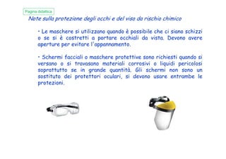 Note sulla protezione degli occhi e del viso da rischio chimico
• Le maschere si utilizzano quando è possibile che ci siano schizzi
o se si è costretti a portare occhiali da vista. Devono avere
aperture per evitare l'appannamento.
• Schermi facciali o maschere protettive sono richiesti quando si
versano o si travasano materiali corrosivi o liquidi pericolosi
soprattutto se in grande quantità. Gli schermi non sono un
sostituto dei protettori oculari, si devono usare entrambe le
protezioni.
Pagina didattica
sostituto dei protettori oculari, si devono usare entrambe le
protezioni.
 