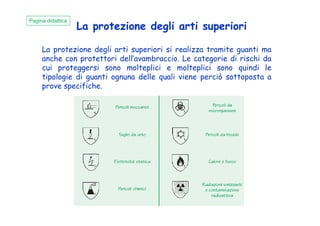 La protezione degli arti superiori si realizza tramite guanti ma
anche con protettori dell’avambraccio. Le categorie di rischi da
cui proteggersi sono molteplici e molteplici sono quindi le
tipologie di guanti ognuna delle quali viene perciò sottoposta a
prove specifiche.
La protezione degli arti superiori
Pagina didattica
 